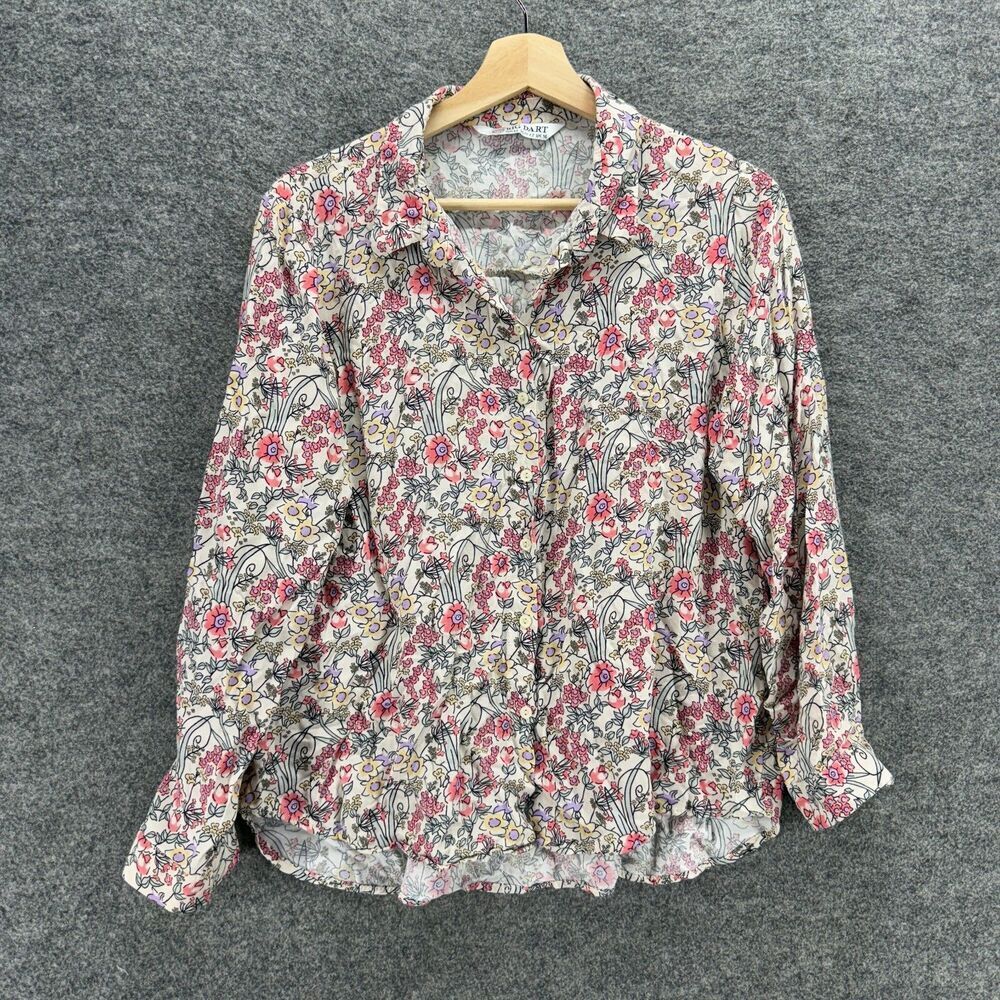 Big Dart Shirt Women 16 Gray Floral Button Up Collared Long Sleeve Casual
